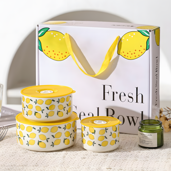 Lemon Pattern Porcelain Tupperware Set - 3 Pcs